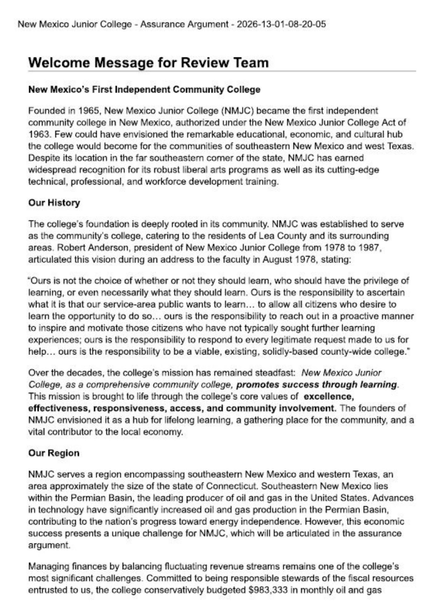 Assurance Argument Welcome Message 